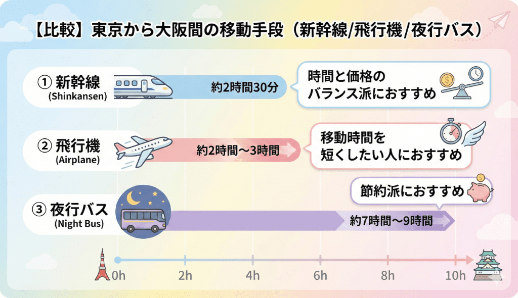 【比較】東京から大阪間ひとり旅の移動手段（新幹線/飛行機/夜行バス）