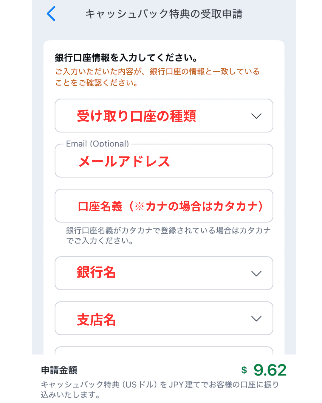 キャッシュバック特典の申請手順の入力項目