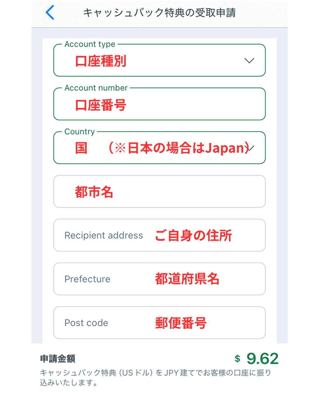 キャッシュバック特典の申請手順の入力項目